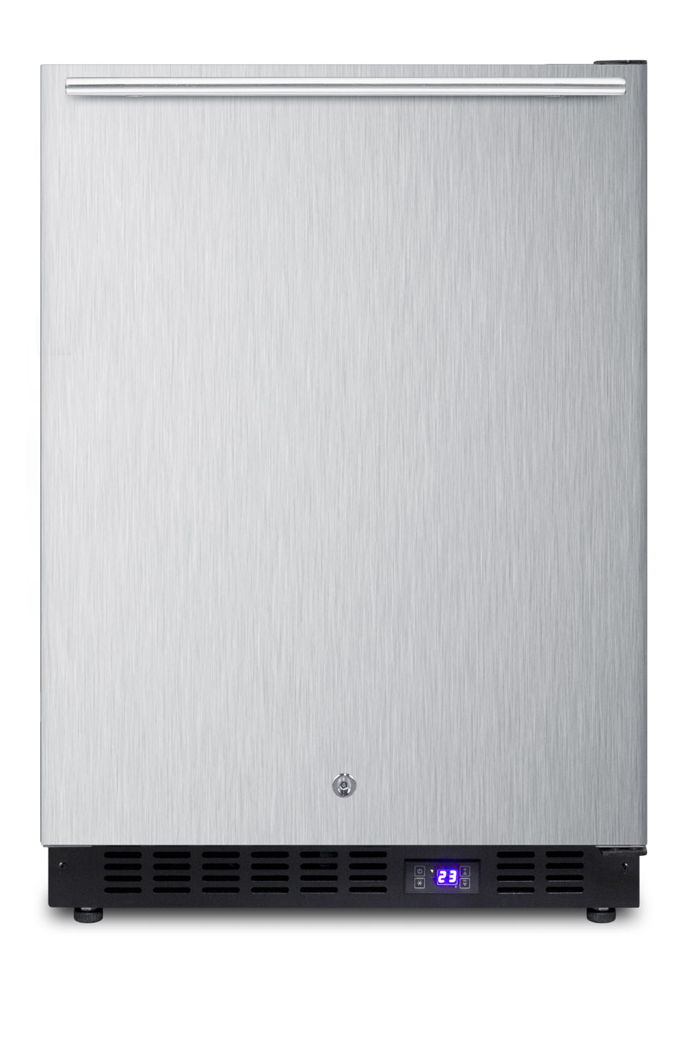 Frost-free outdoor all-freezer in complete stainless steel, with icemaker, digital thermostat, horizontal handle, and lock; built-in or freestanding use